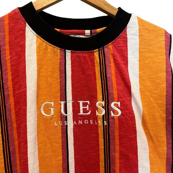 GUESS Mens Red Orange Striped Logo T-Shirt Sz L Y2K Streetwear L.A. Hipster - Picture 2 of 7